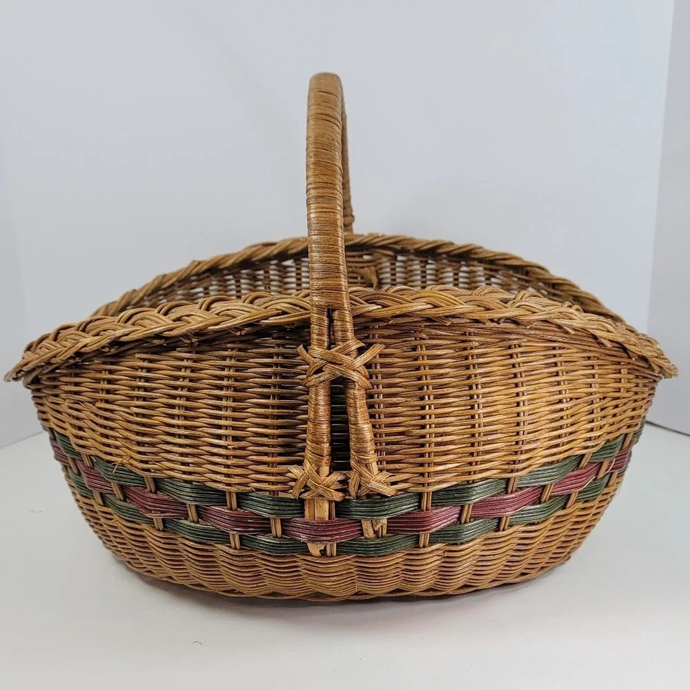 Large Wicker Basket Woven Picnic Garden Harvest Brown Green Burgundy 18in